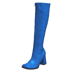 Blå laklæder støvler blokhæl 7,5 cm - 70 erne hippie disco boots knæhøje - patent læder støvler