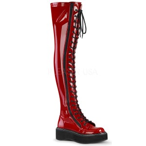 Rød Laklæder 5 cm EMILY-375 lårlange støvler med snørebånd