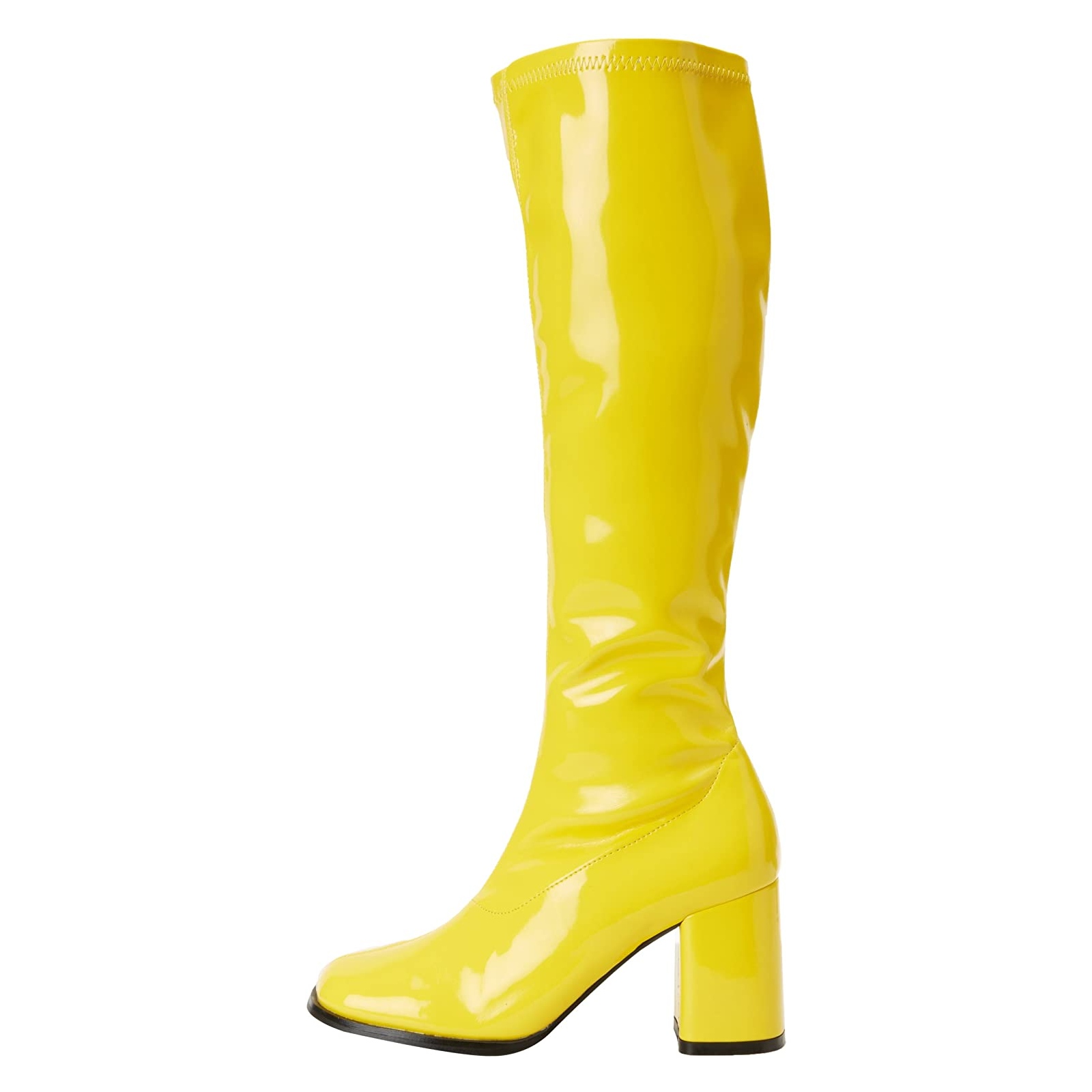 Gule laklæder blokhæl 7,5 cm - 70 erne hippie disco boots knæhøje - patent læder støvler