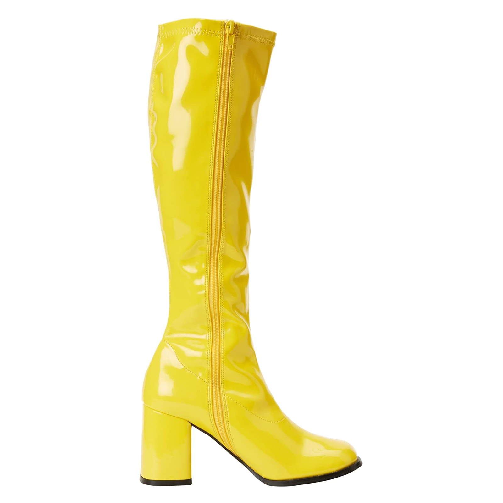 Gule laklæder blokhæl 7,5 cm - 70 erne hippie disco boots knæhøje - patent læder støvler