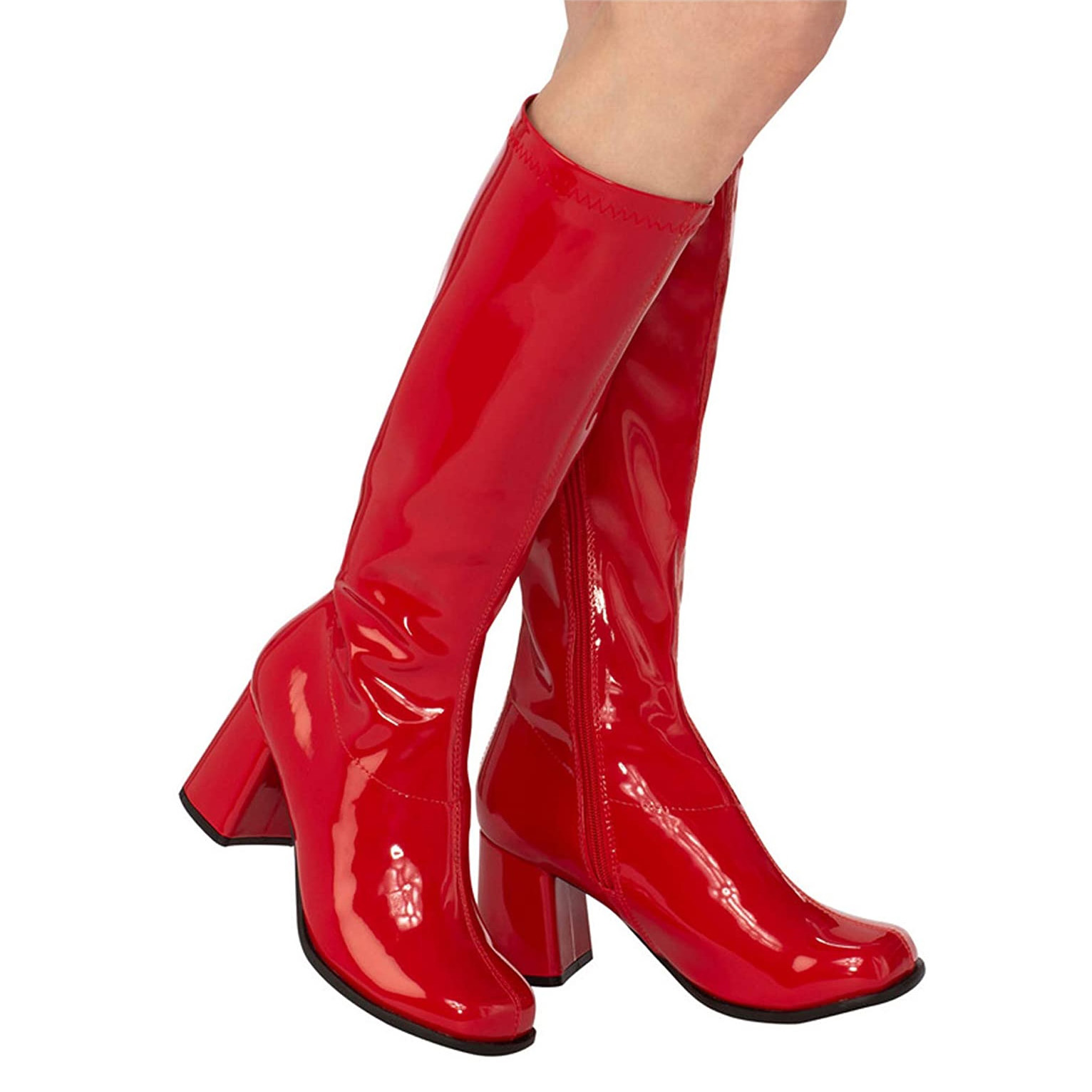 Røde laklæder støvler blokhæl 7,5 cm - 70 erne hippie disco boots knæhøje - læder støvler