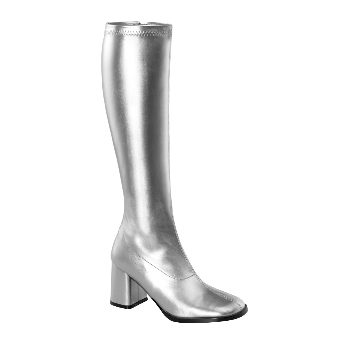 Sølv vinyl støvler blokhæl 7,5 cm 70 hippie disco gogo knæhøje