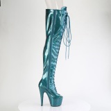Glitter 18 cm PEEP TOE Teal thigh high boots with laces high heels