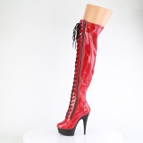 Laklæder 15 cm DELIGHT-3029 Røde lårlange støvler med snørebånd