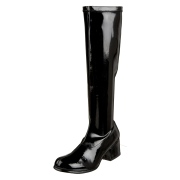 Sorte laklæder støvler blokhæl 5 cm - 70 erne hippie disco boots knæhøje - patent læder støvler