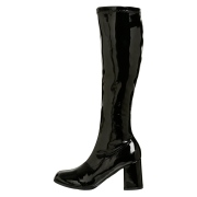 Sorte laklæder støvler blokhæl 7,5 cm - 70 erne hippie disco boots knæhøje - patent læder støvler